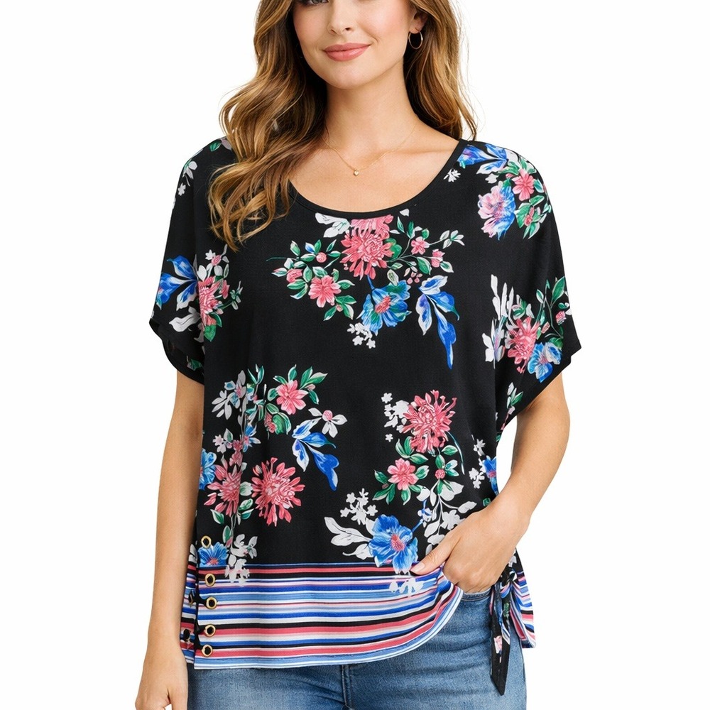 Rafaella‎ Women Black Floral Striped Hem Grommet Side Tie Blouse RSKS9214 Medium